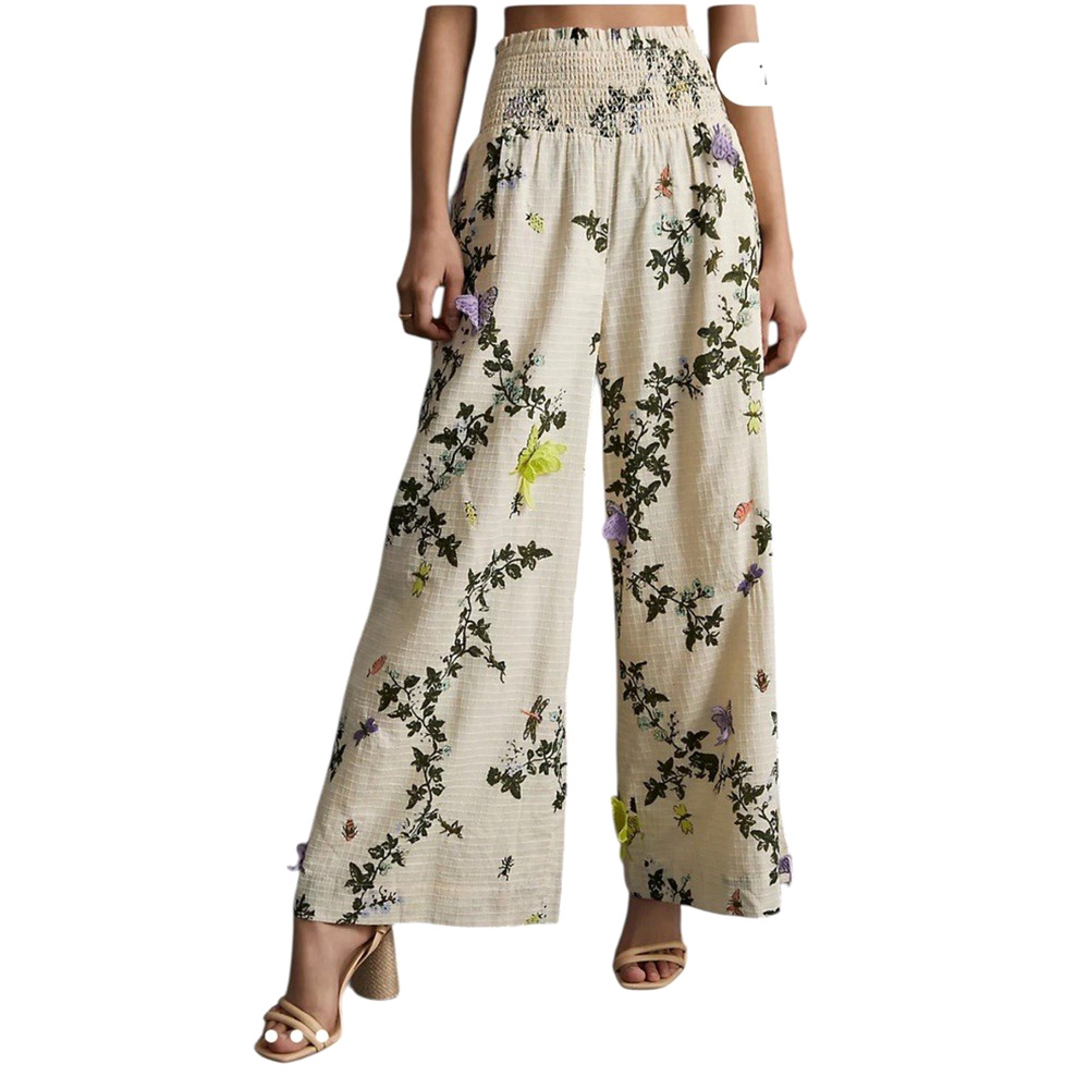 ANTHROPOLOGIE Size Small Smocked 3-D Butterfly Boho Wide Leg Pull-On Lined Pants